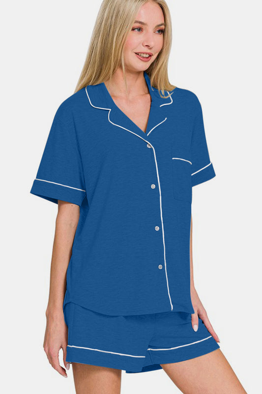 Blue Button Down Short Sleeve Top and Shorts Lounge Set - Tigbul's Variety Fashion Shop