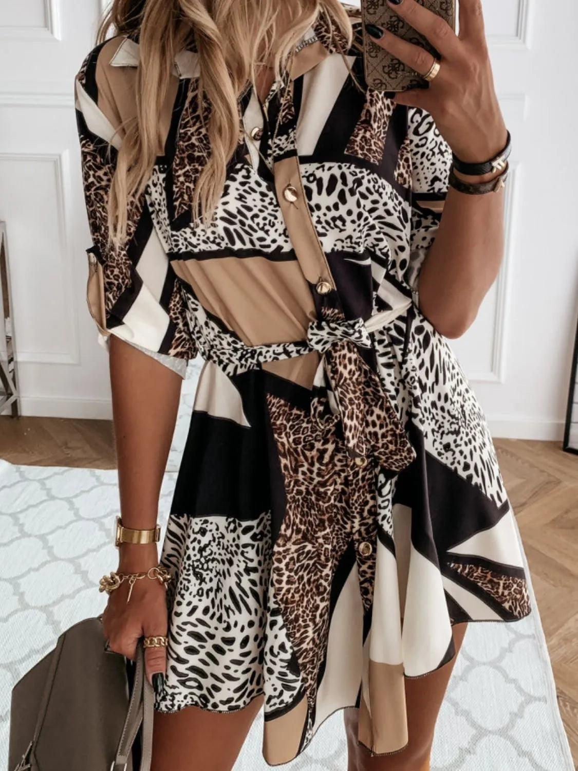 Printed Tie Waist Roll-Tab Sleeve Mini Dress - Tigbul's Variety Fashion Shop