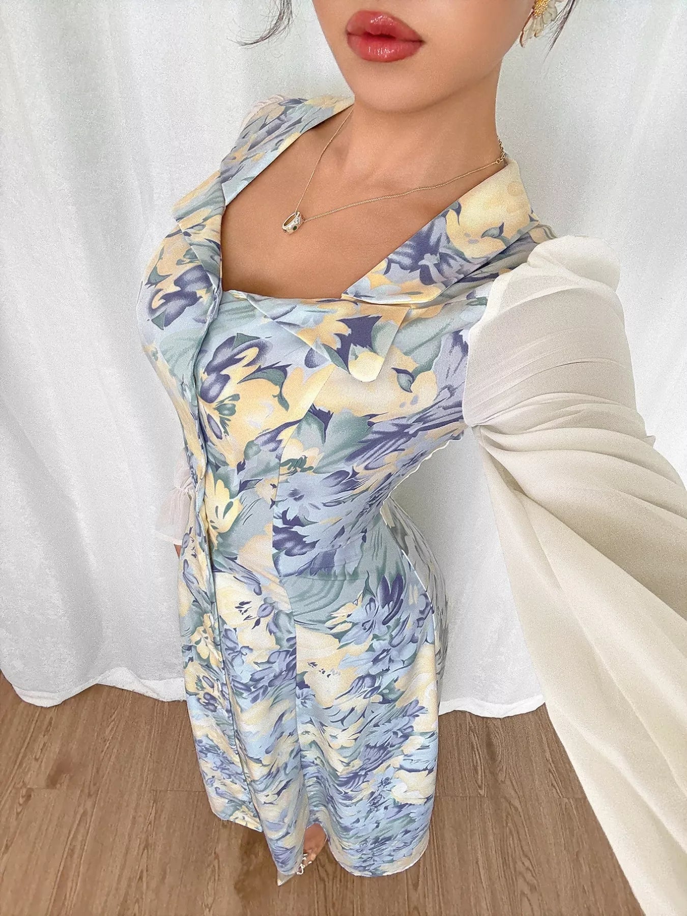 Floral Print Sheer Flounce Sleeves Dress - Tigbul's Variety Fashion Shop