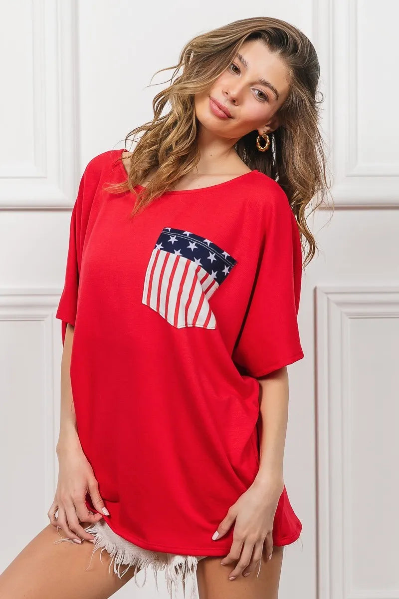 Red French Terry With Front Pocket Dolman Sleeves Top - Tigbul's Variety Fashion Shop