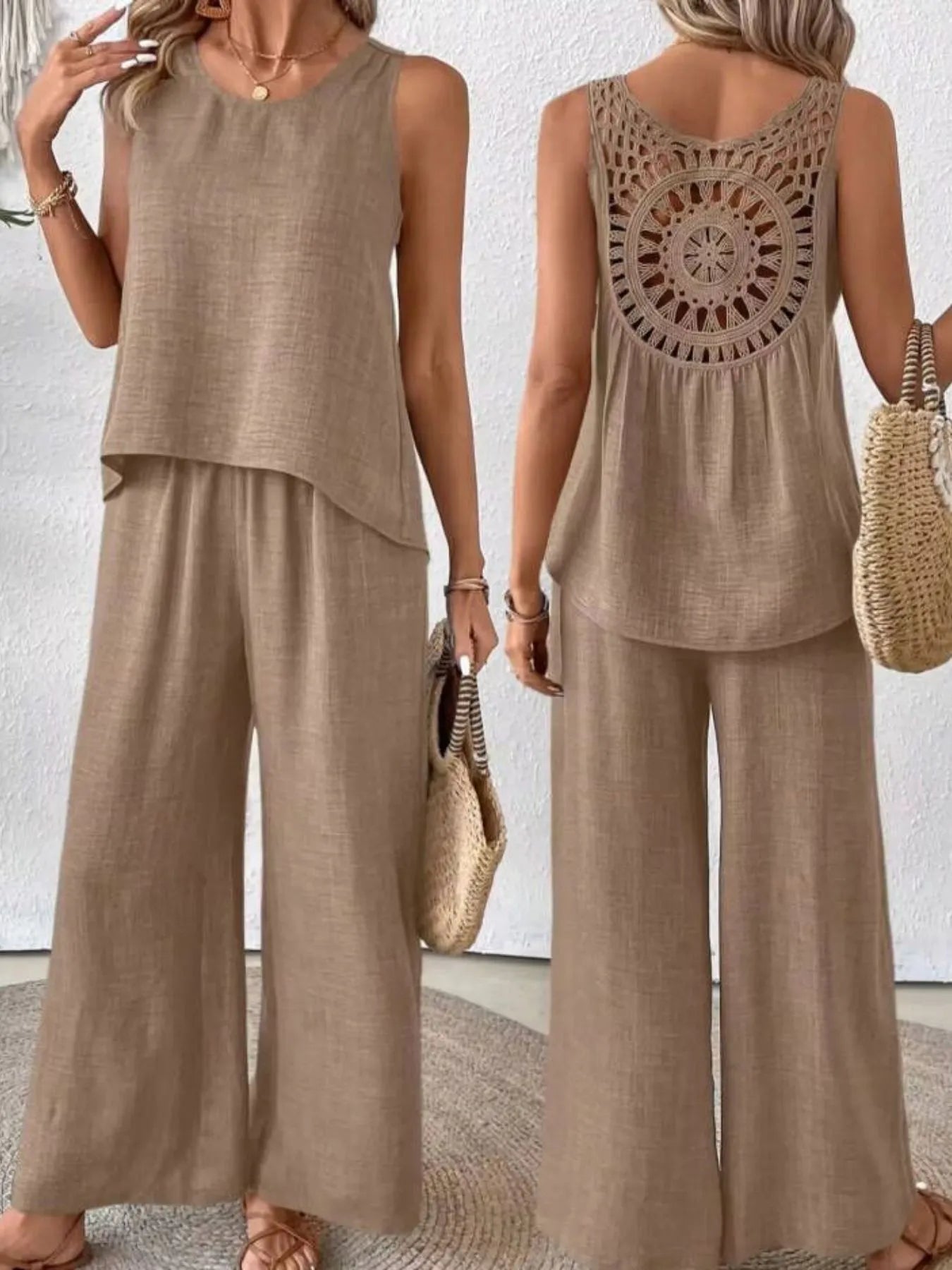 Round Neck Tank and Wide Leg Pants Set - Tigbul's Variety Fashion Shop