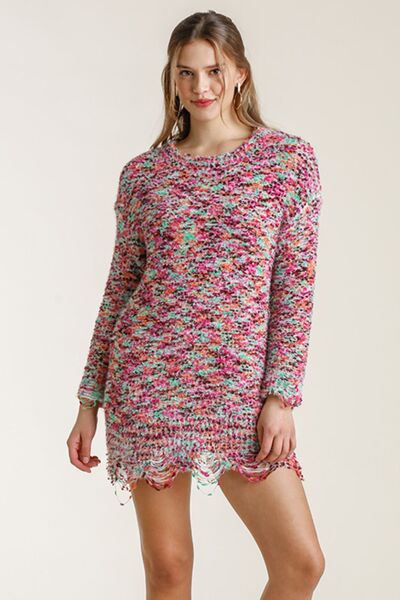 Distressed Hem Multicolored Round Neck Knit Tunic Dress - Tigbul's Variety Fashion Shop