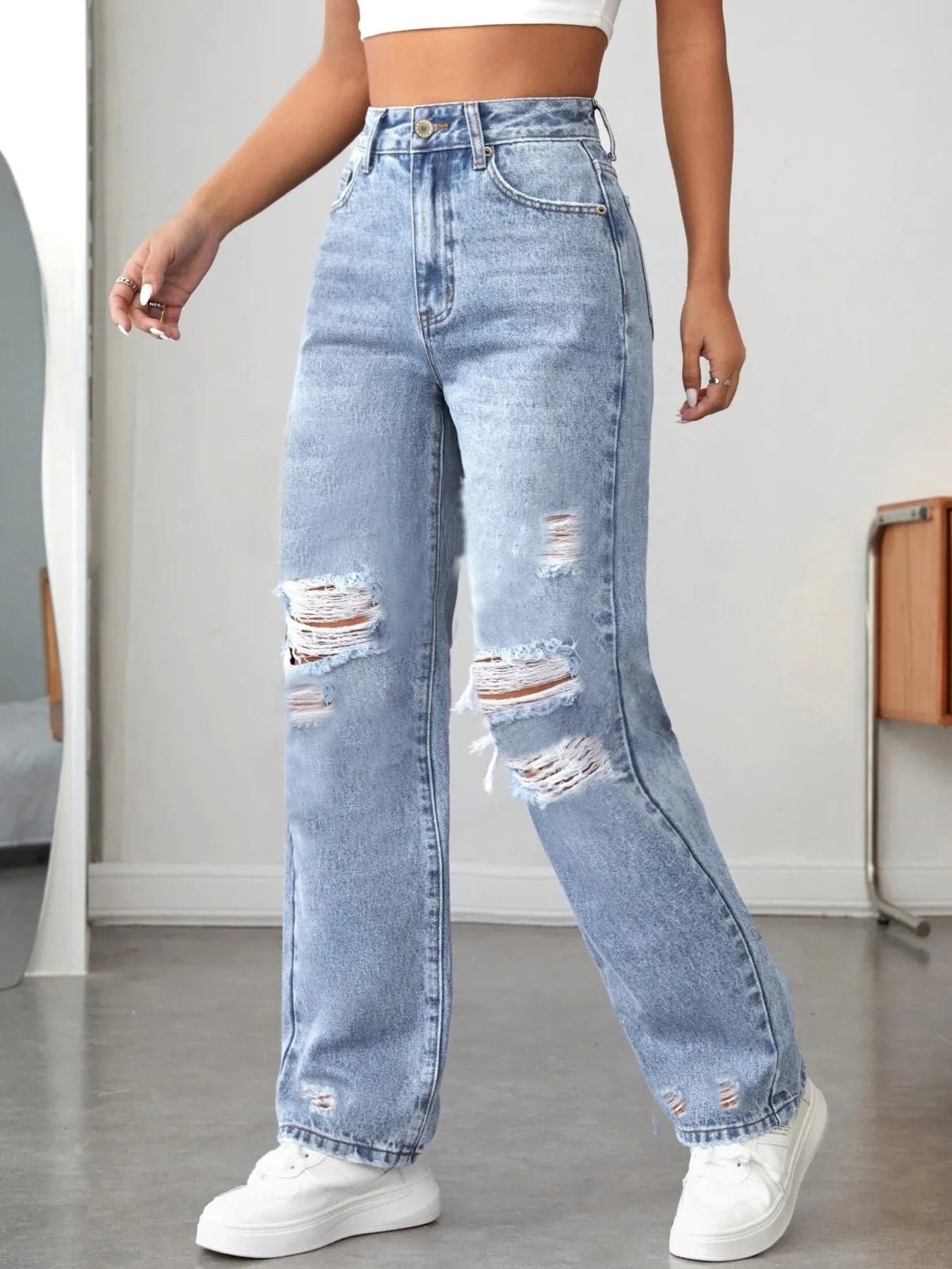 Distressed High Waisted Jeans - Tigbul's Variety Fashion Shop