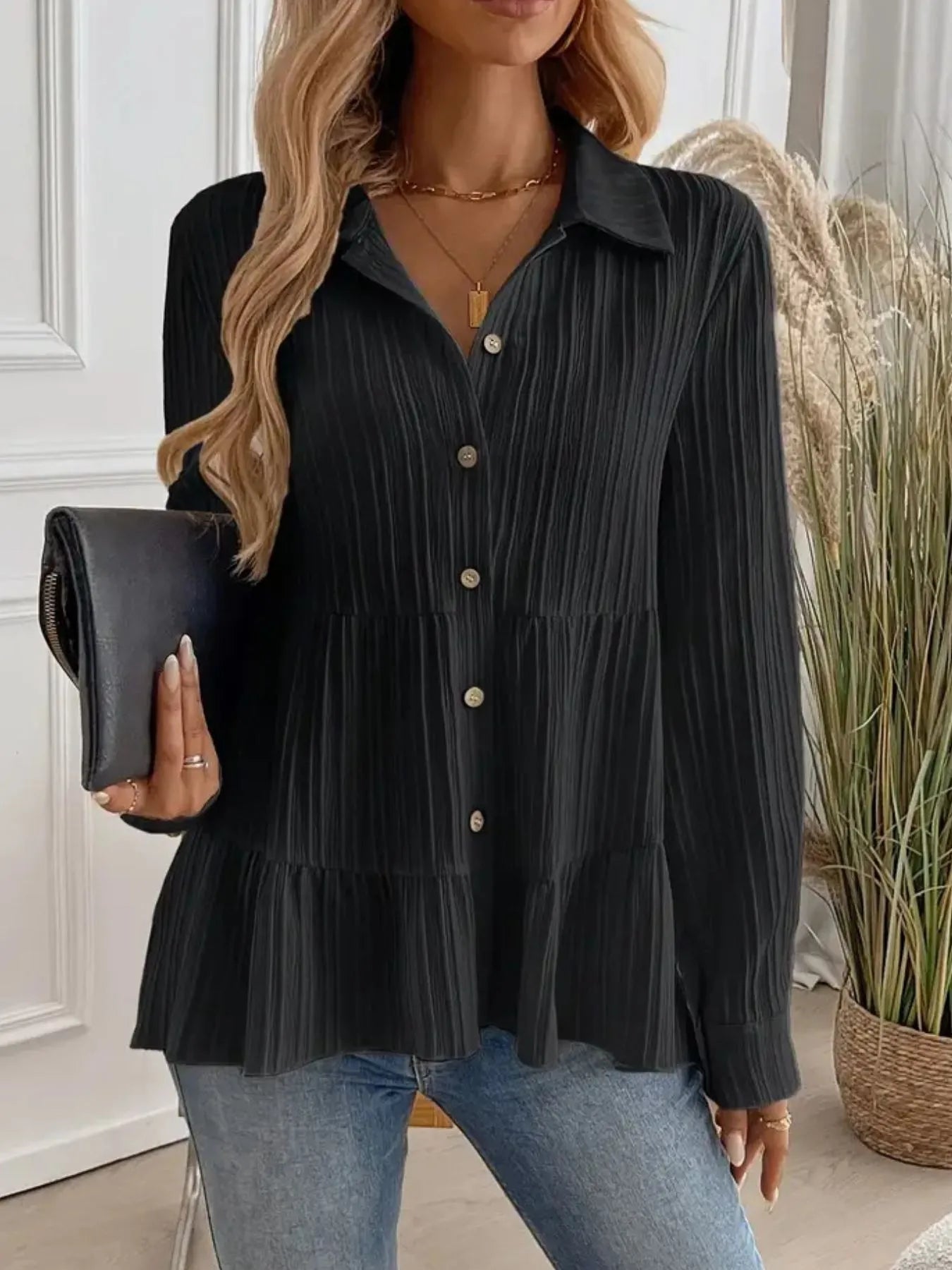 Striped Button-Down Tiered Shirt - Tigbul's Variety Fashion Shop