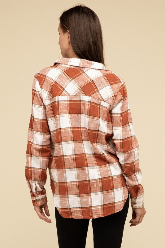 Cotton Plaid Shacket With Front Pocket - Tigbul's Variety Fashion Shop