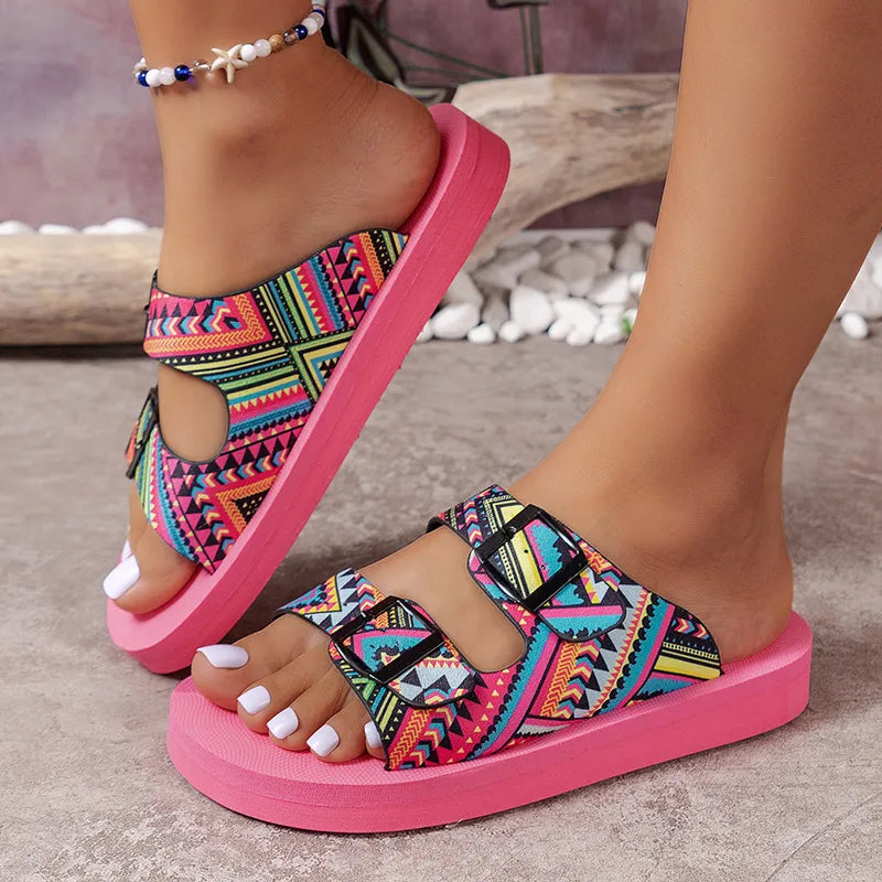 Ethnic Print Double Buckle Sandals - Tigbul's Variety Fashion Shop