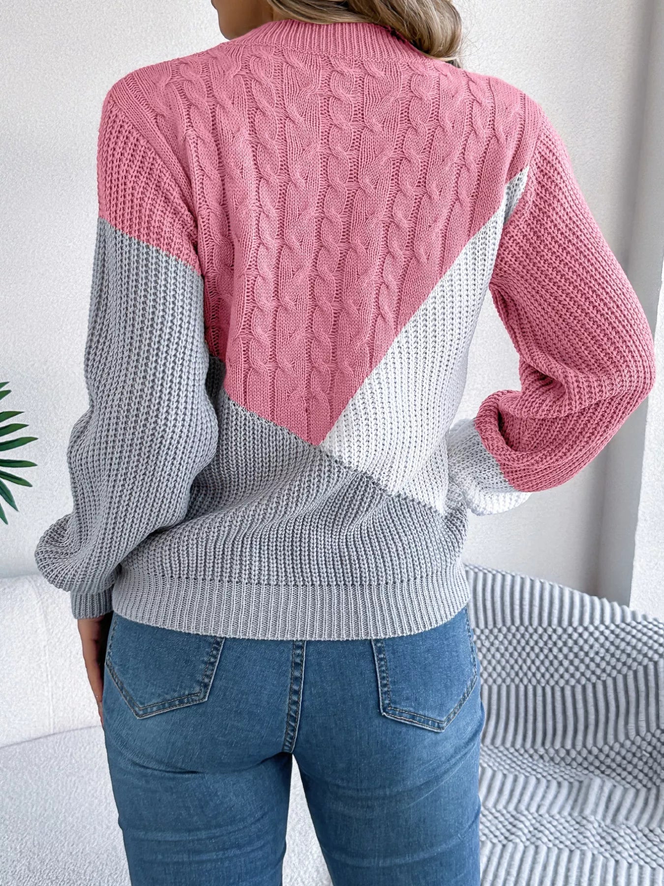 Color Block Cable Knit Long Sleeve Sweater - Tigbul's Variety Fashion Shop
