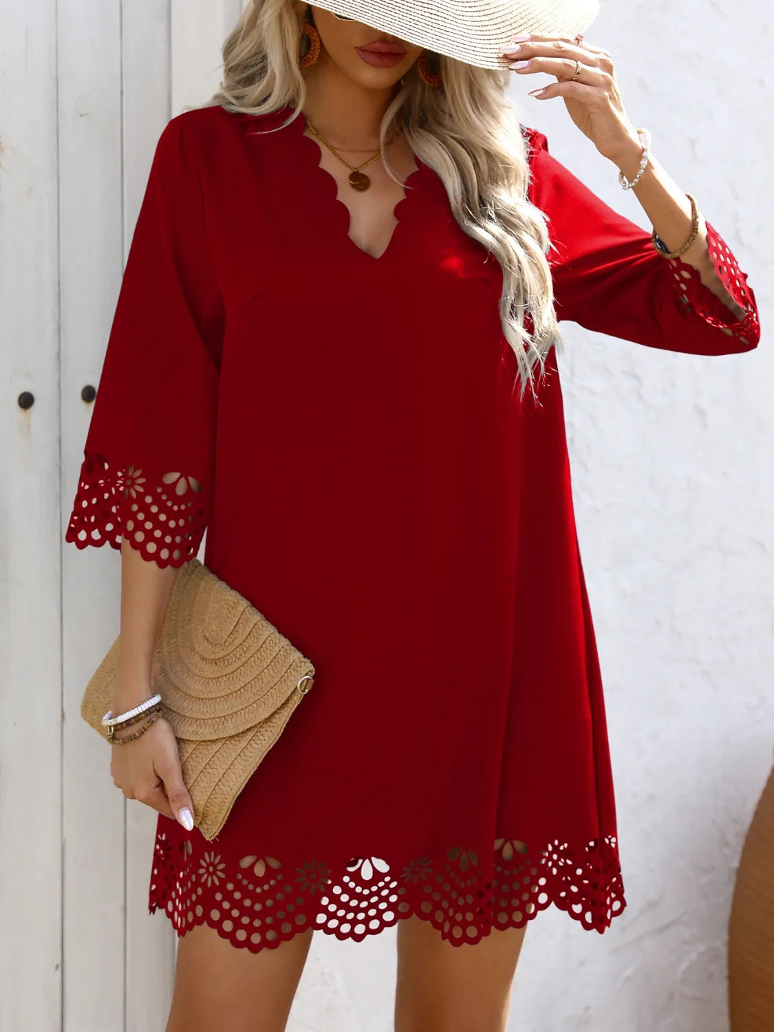 Cutout V-Neck Three-Quarter Sleeve Mini Dress - Tigbul's Variety Fashion Shop