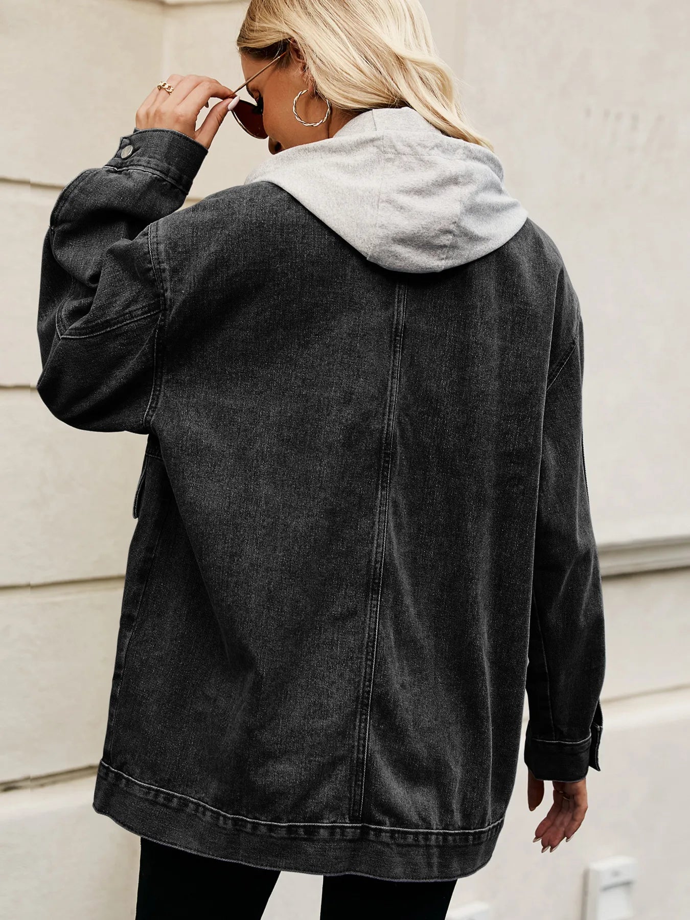 Oversized Button Up Denim Jacket with Hood - Tigbul's Variety Fashion Shop