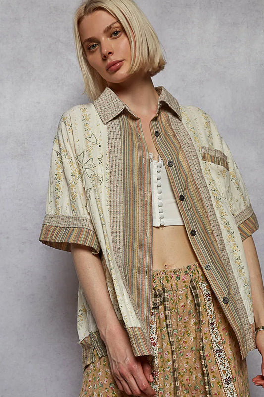 POL Printed Button Down Patchwork Short Sleeve Shirt - Tigbul's Variety Fashion Shop