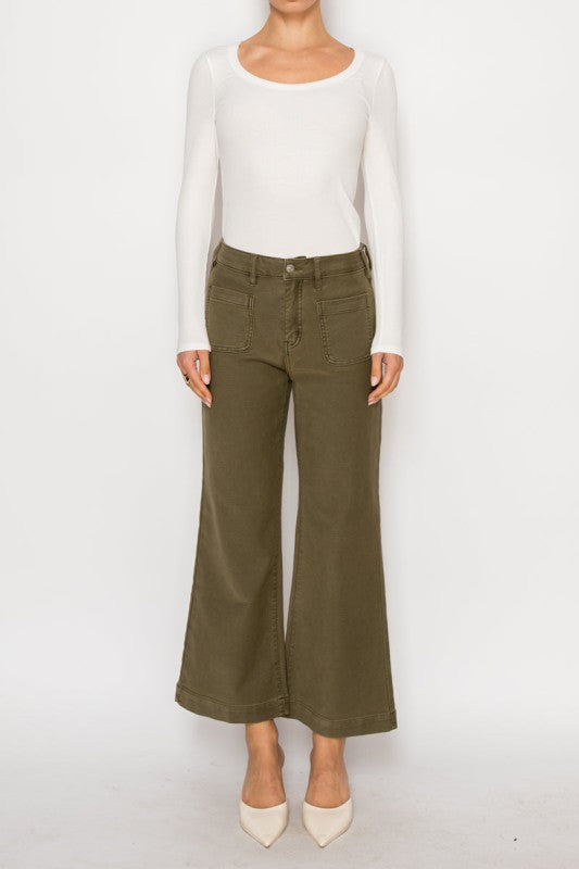 High Rise Crop Palazzo Olive Green PFD Jeans Women's - Tigbul's Variety Fashion Shop