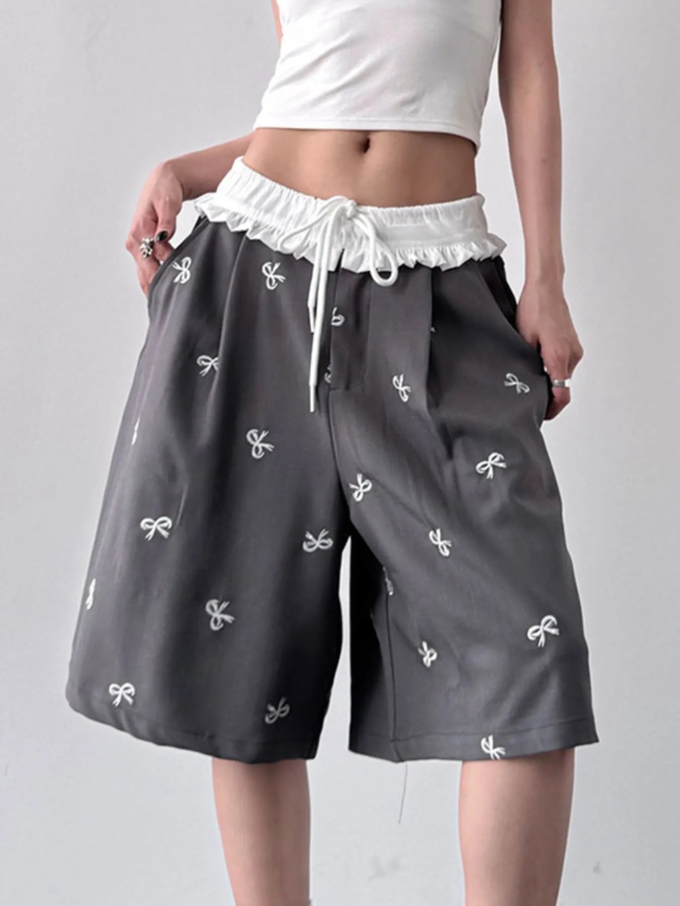 Bow Print Wide Leg Shorts with Contrast Ruffle Waistband - Tigbul's Variety Fashion Shop