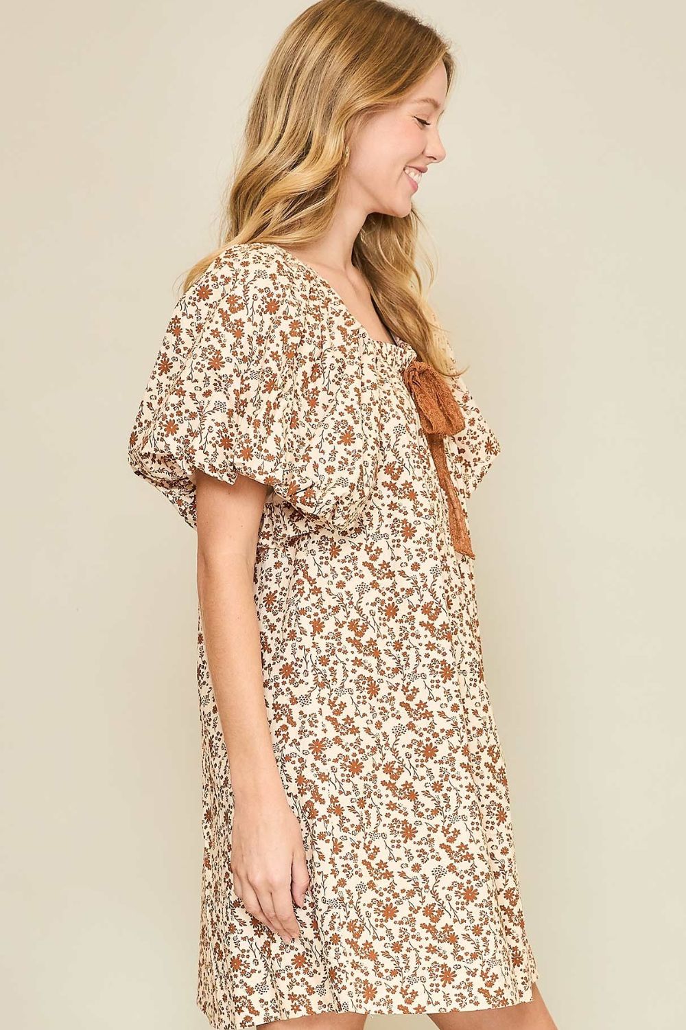 Umgee Full Size Lace Tape Drawstring Floral Puff Sleeve Mini Dress Plus Size - Tigbul's Variety Fashion Shop