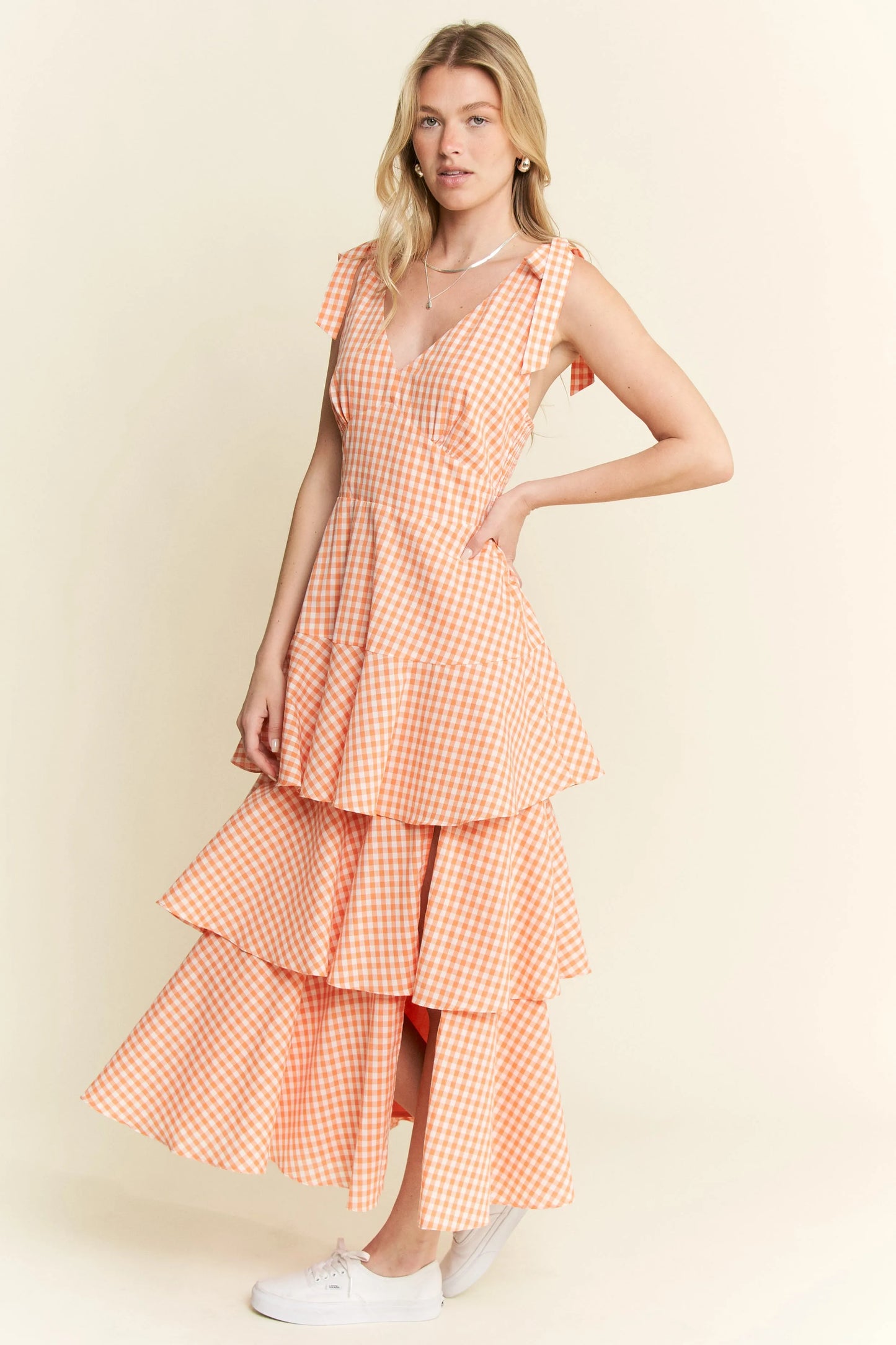 Orange Sleeveless Gingham Print Tiered Midi Dress - Tigbul's Variety Fashion Shop