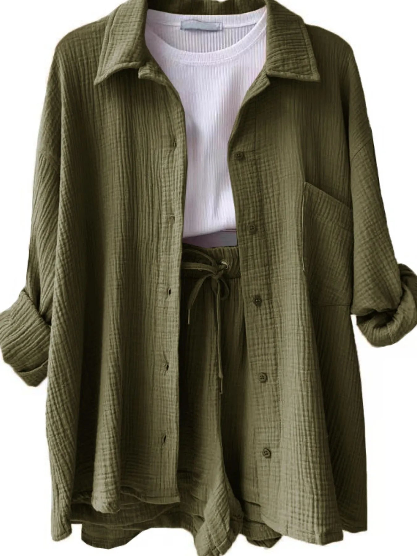 Textured Button Up Shirt and Shorts Set - Tigbul's Variety Fashion Shop