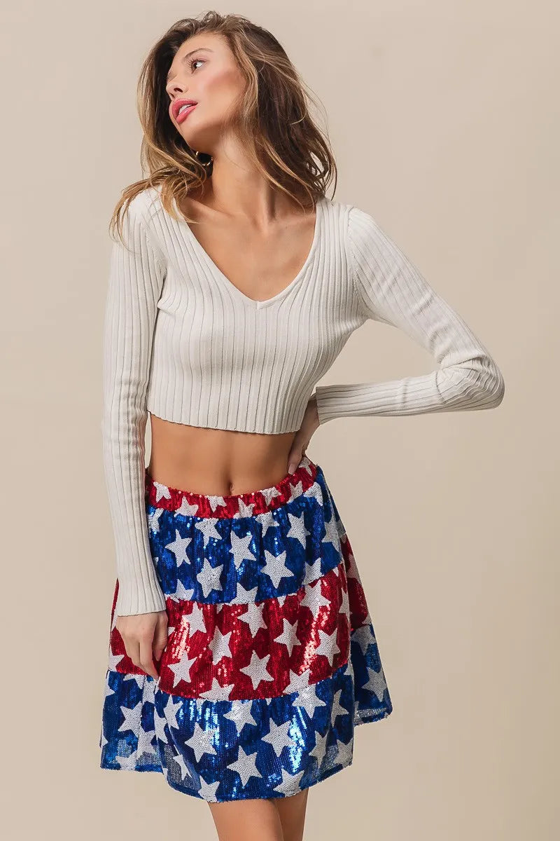 American Flag Theme Star Sequin Tiered Skirt - Tigbul's Variety Fashion Shop