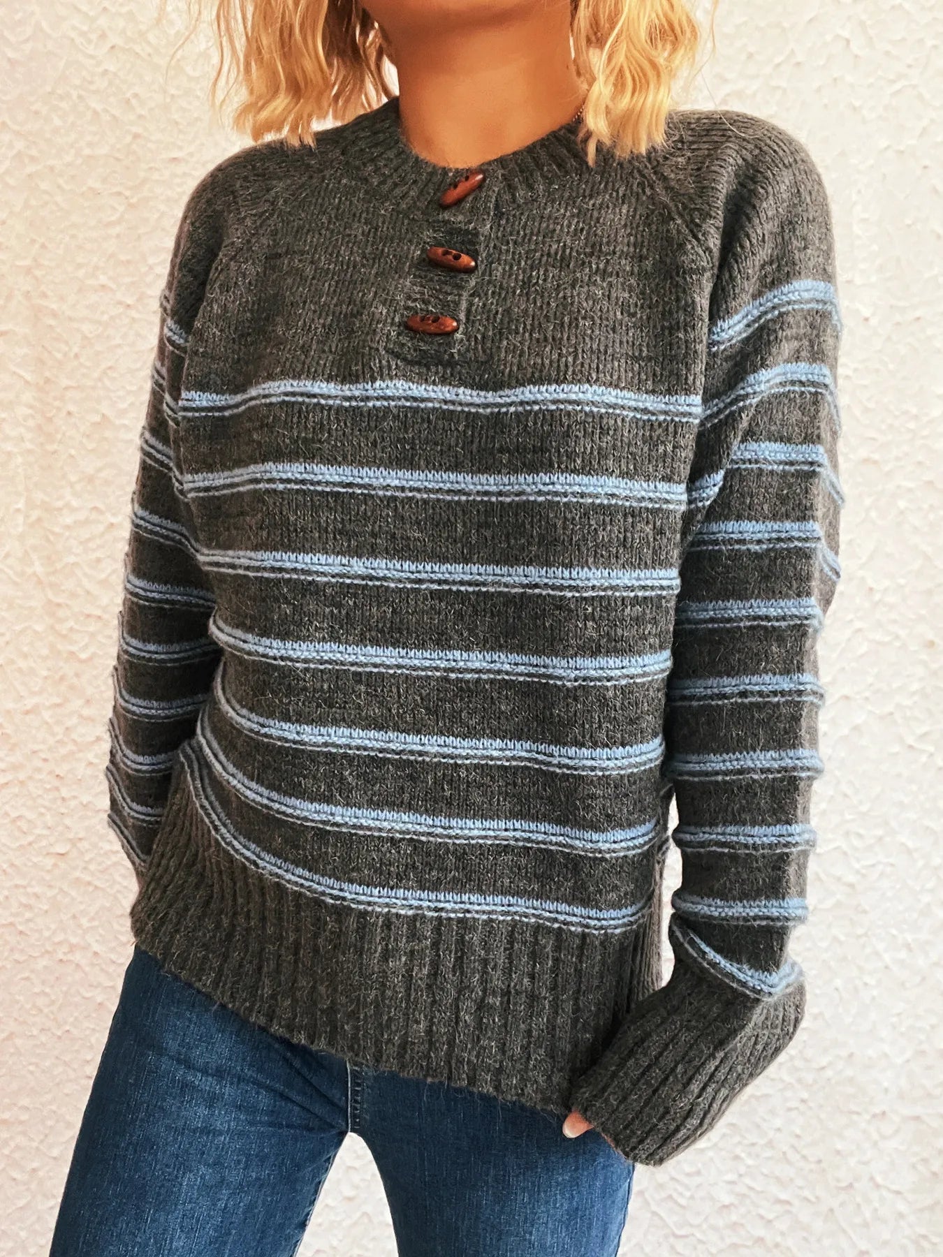 Striped Button Detail Long Sleeve Sweater - Tigbul's Variety Fashion Shop