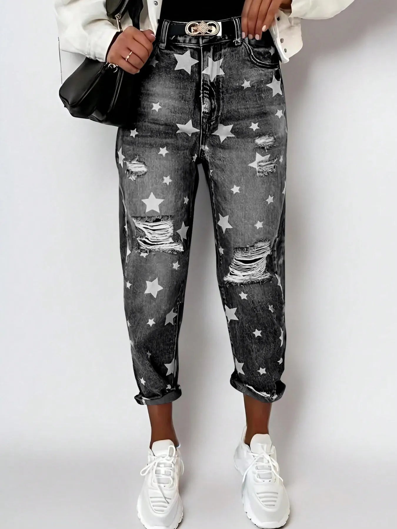 Star Print Distressed High Waist Boyfriend Jeans - Tigbul's Variety Fashion Shop