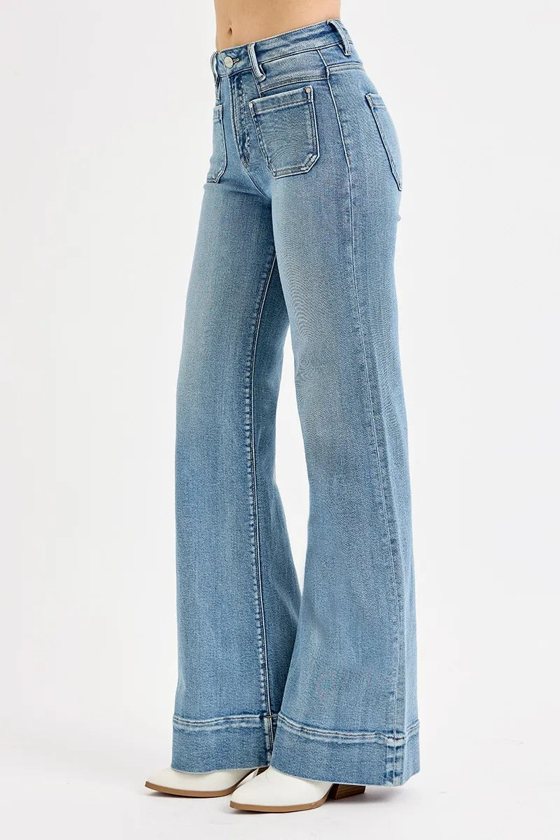 RISEN Full Size High Rise Wide Flare Patch Pocket Jeans Plus Size - Tigbul's Variety Fashion Shop