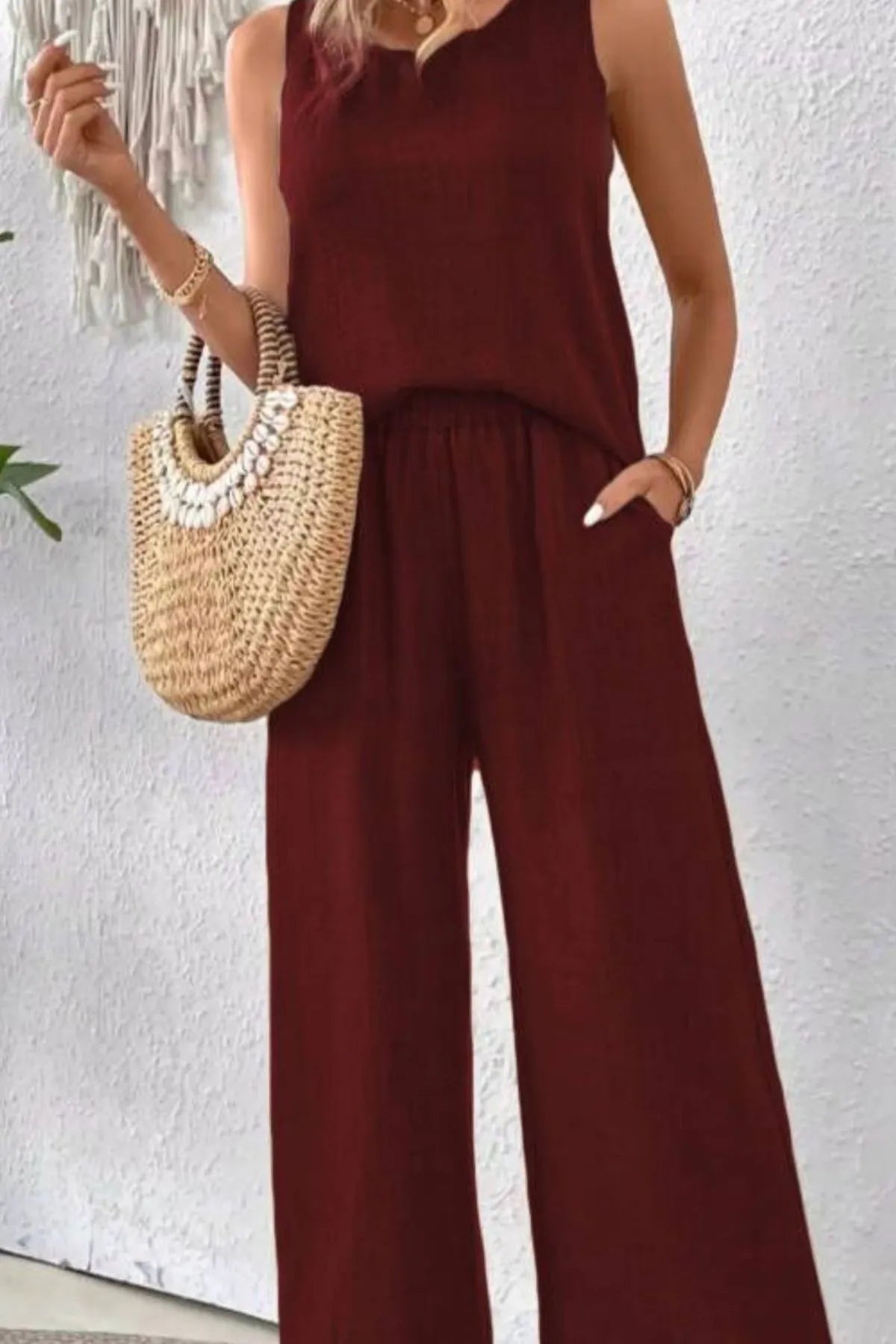 Round Neck Tank and Wide Leg Pants Set - Tigbul's Variety Fashion Shop