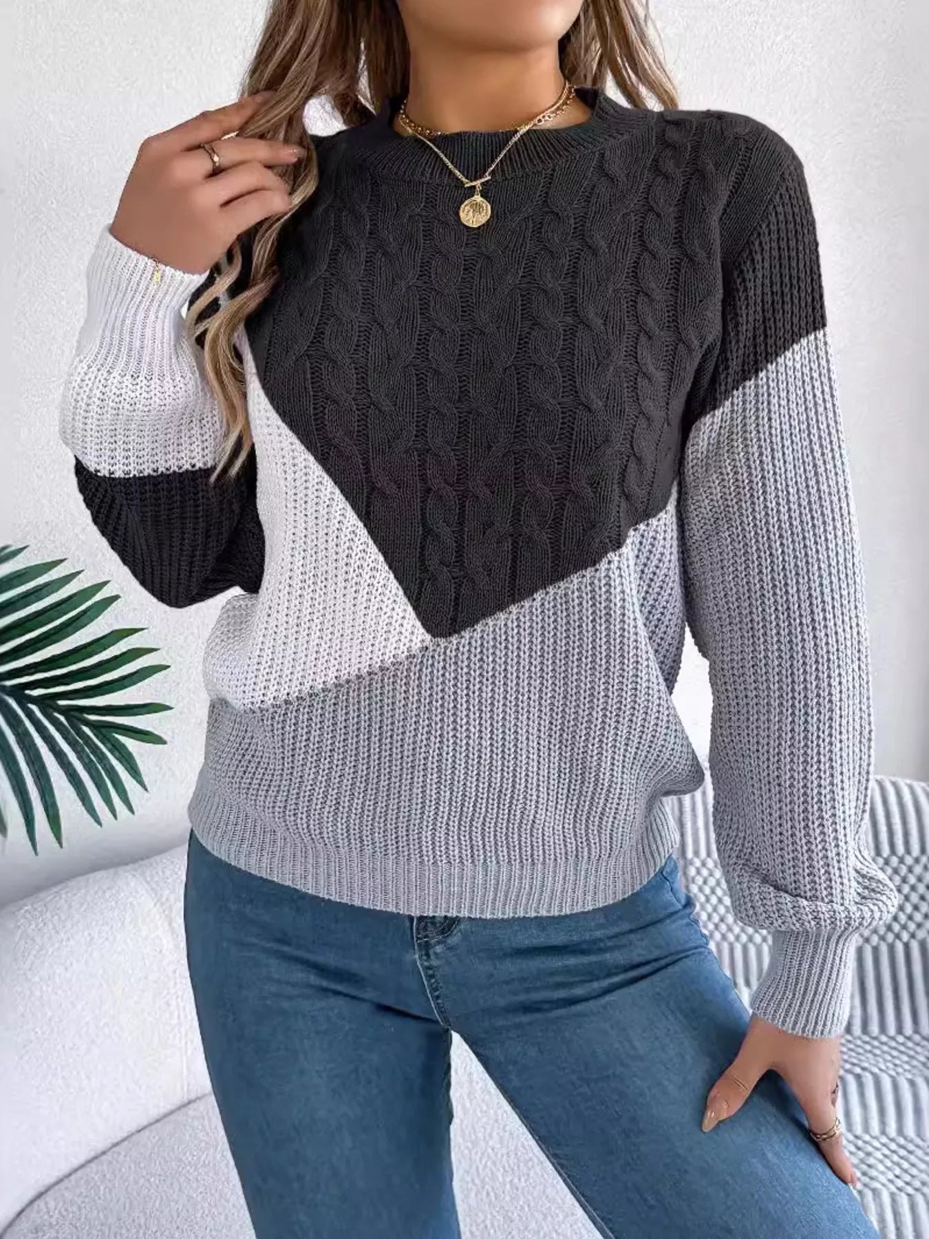 Color Block Cable Knit Long Sleeve Sweater - Tigbul's Variety Fashion Shop