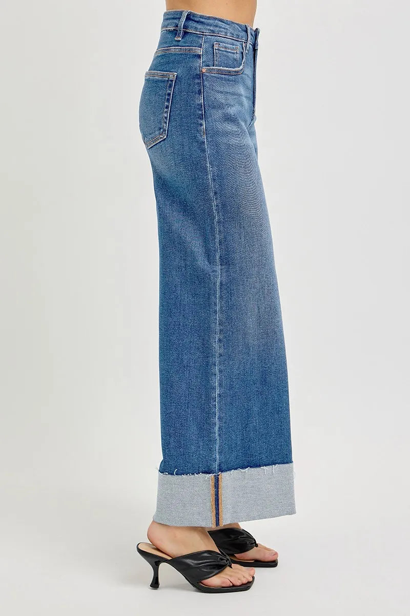 RISEN Full Size Tummy Control High Rise Crop Wide Cuffed Jeans Plus Size - Tigbul's Variety Fashion Shop