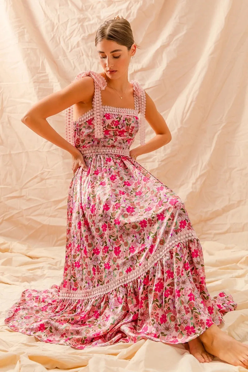 SO ME Floral Maxi Dress With Ribbon Tie Lace Strap - Tigbul's Variety Fashion Shop