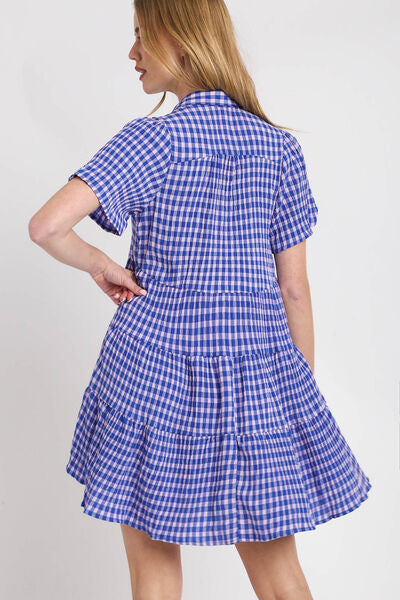 Blue Gingham Tiered Button Detail Short Sleeve Dress - Tigbul's Variety Fashion Shop