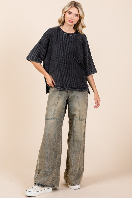 Ash Black Mineral Wash Waffle Knit Short Sleeve Top - Tigbul's Variety Fashion Shop