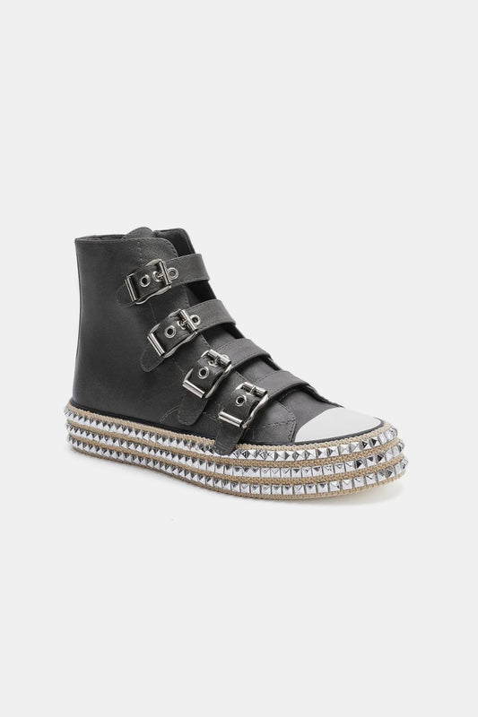 Black Multi-Buckle Straps Studded Platform Sneakers - Tigbul's Variety Fashion Shop