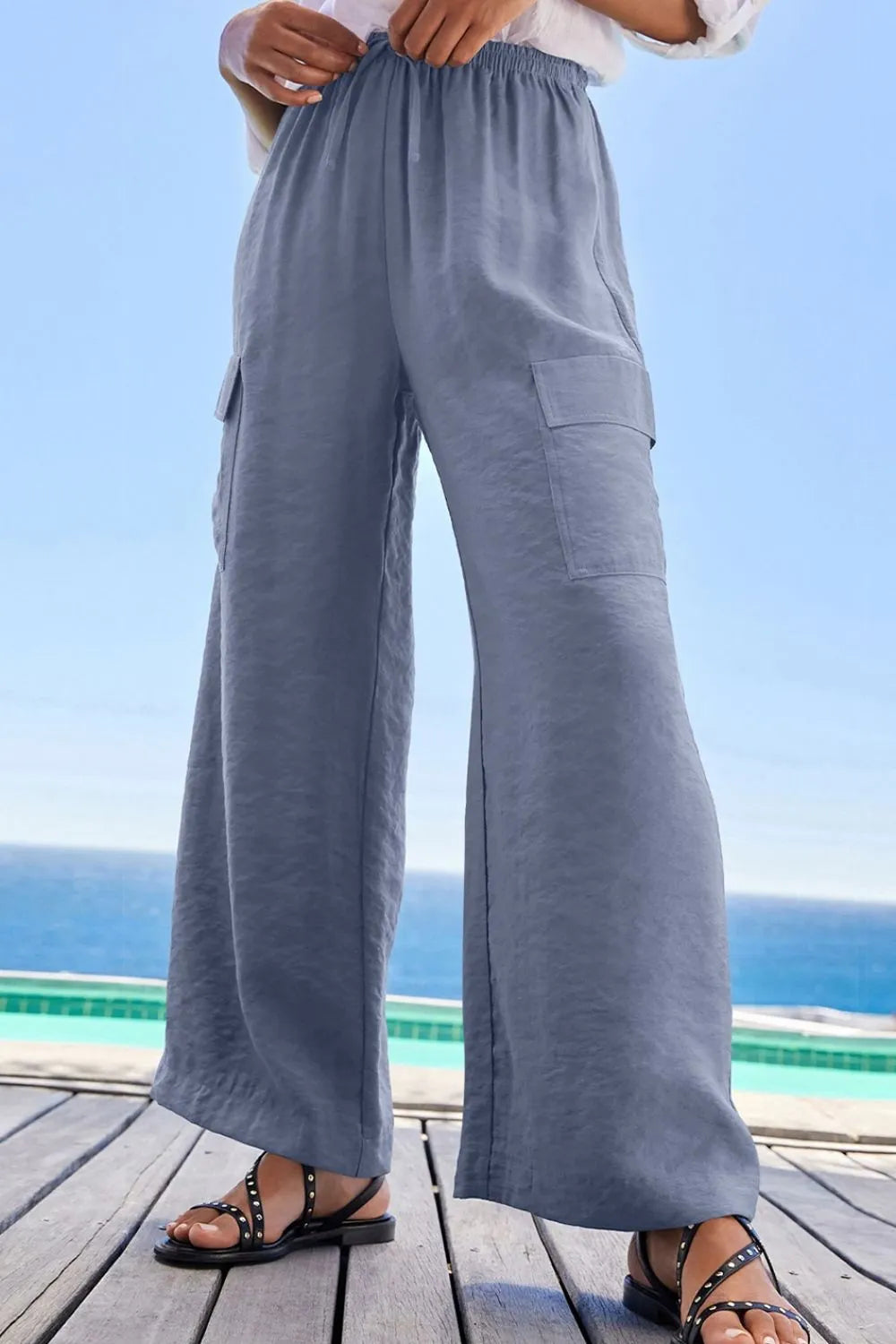 Drawstring Frilled Waist Wide Leg Utility Trousers - Tigbul's Variety Fashion Shop