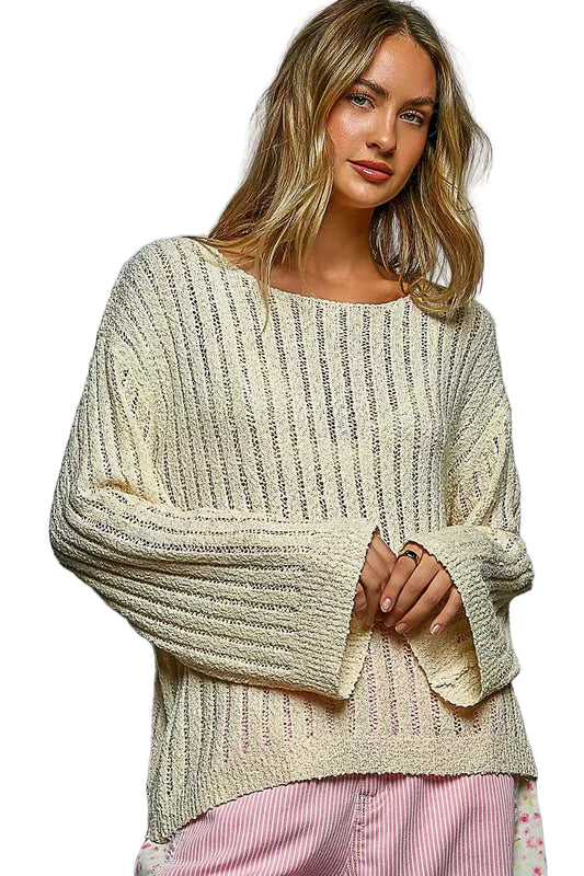 Tan Round Neck Long Sleeve Open Weave Sweater | Tigbuls