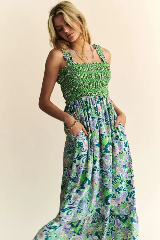 Multi Smocked Bodice Geo Ruffle Strappy Midi Dress - Tigbul's Variety Fashion Shop
