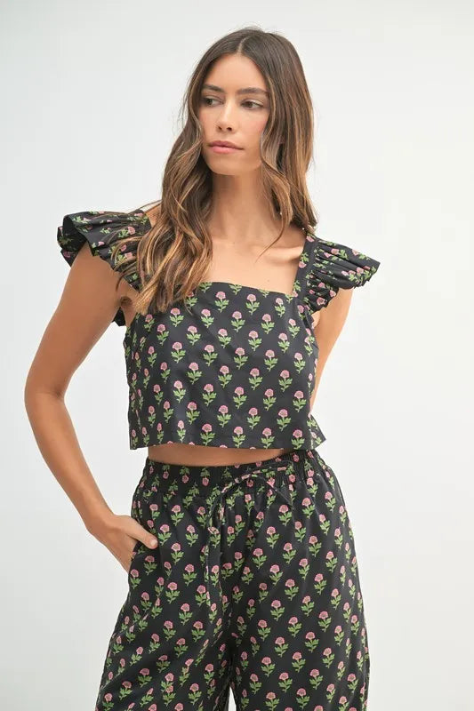 Black Floral Print Ruffle Top and Pants Set - Tigbul's Variety Fashion Shop