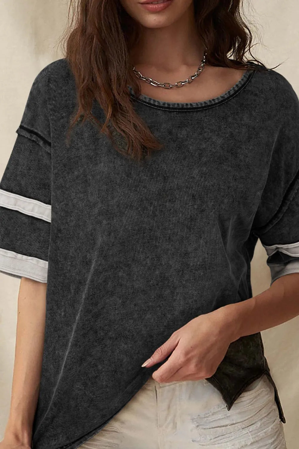 Contrast Round Neck Half Sleeve Black T-Shirt - Tigbul's Variety Fashion Shop