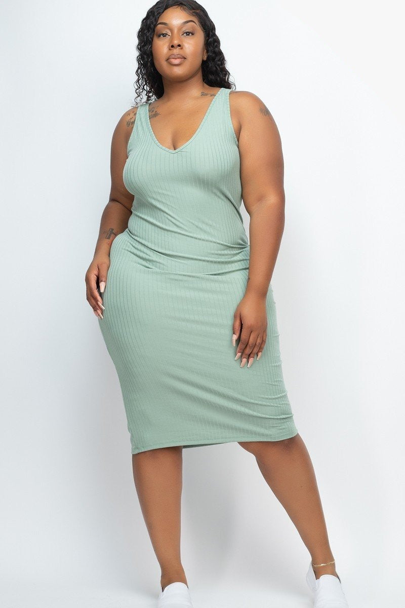 2XL Ribbed V-Neck Front and Back Bodycon Dress - Tigbul's Variety Fashion Shop