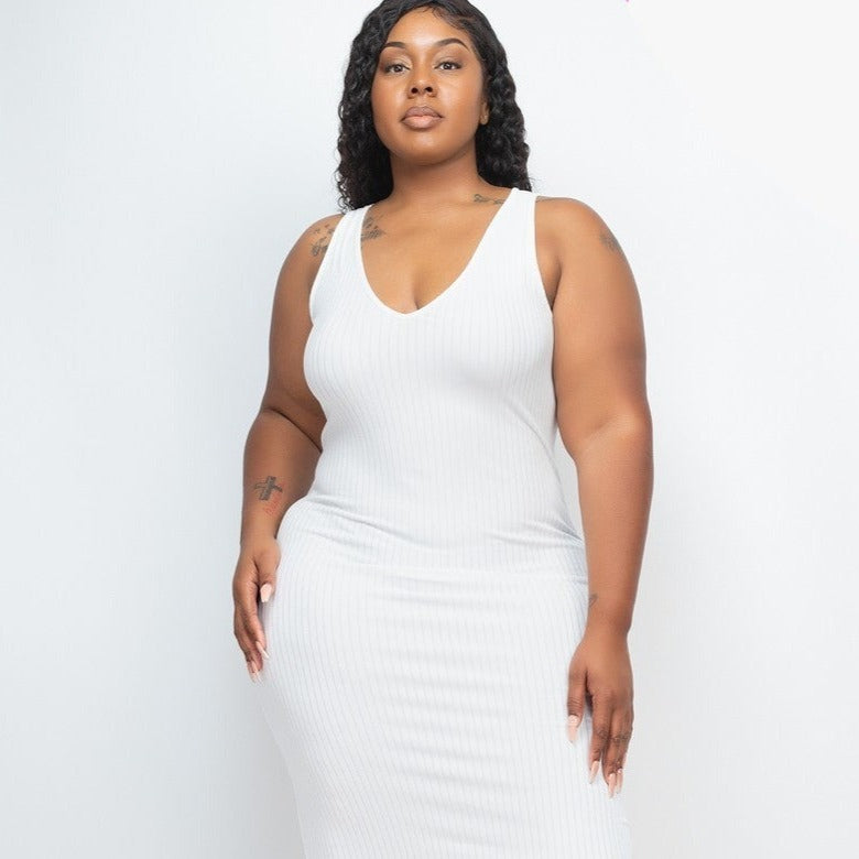 2XL Ribbed V-Neck Front and Back Bodycon Dress - Tigbul's Variety Fashion Shop