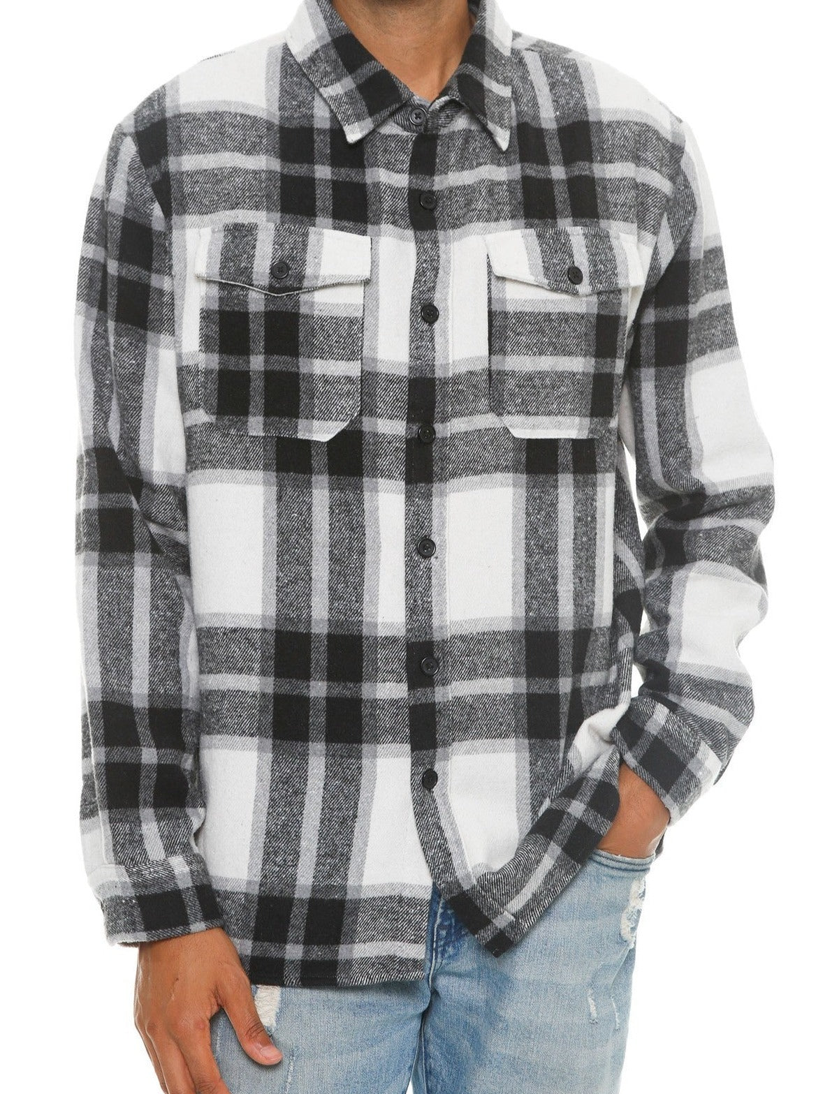 Men's Plaid Soft Flannel Shirt in Black/White - Tigbul's Variety Fashion Shop
