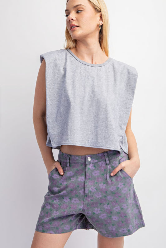 Sleeveless Crop Top With Shoulder Pads - Tigbul's Variety Fashion Shop