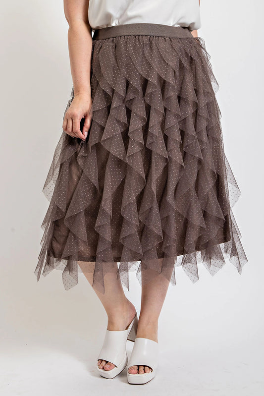 Ruffled Tulle Midi Skirt With Elastic Waist Band - Tigbul's Variety Fashion Shop