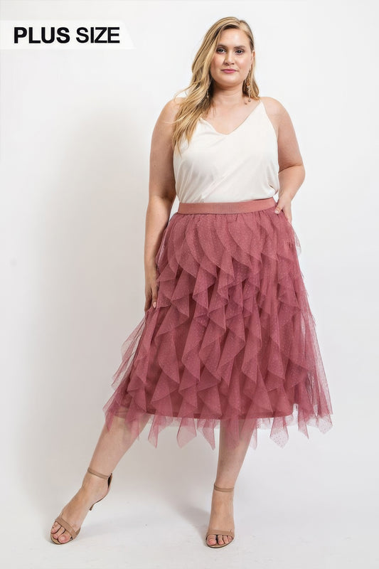 Ruffled Tulle Midi Skirt With Elastic Waist Band - Tigbul's Variety Fashion Shop