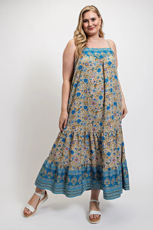 Floral And Aztec Print Drop Down Maxi Dress With Spaghetti Strap - Tigbuls Variety Fashion