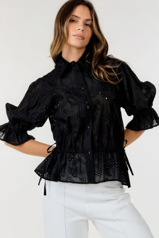 Button-down Collar Neck Embroidered Top - Tigbul's Variety Fashion Shop