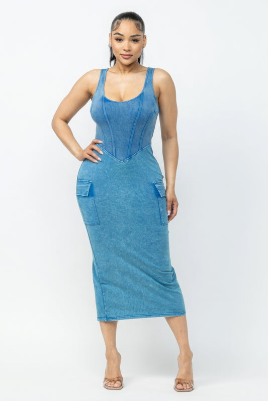 Acid Washed Blue Denim Cargo Midi Dress - Tigbul's Variety Fashion Shop
