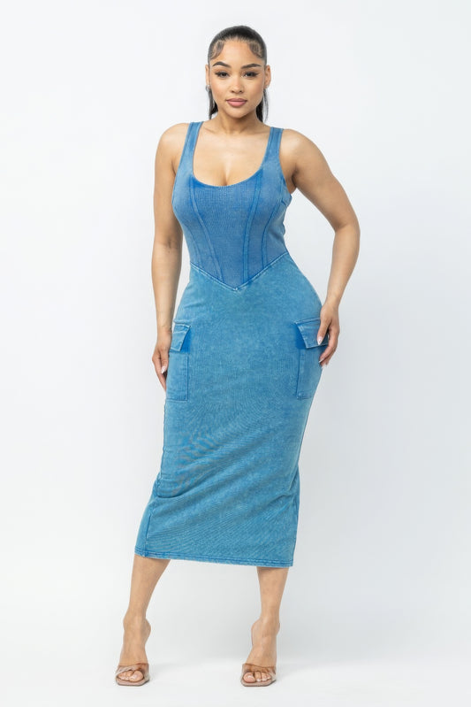 Acid Washed Blue Denim Cargo Midi Dress - Tigbul's Variety Fashion Shop
