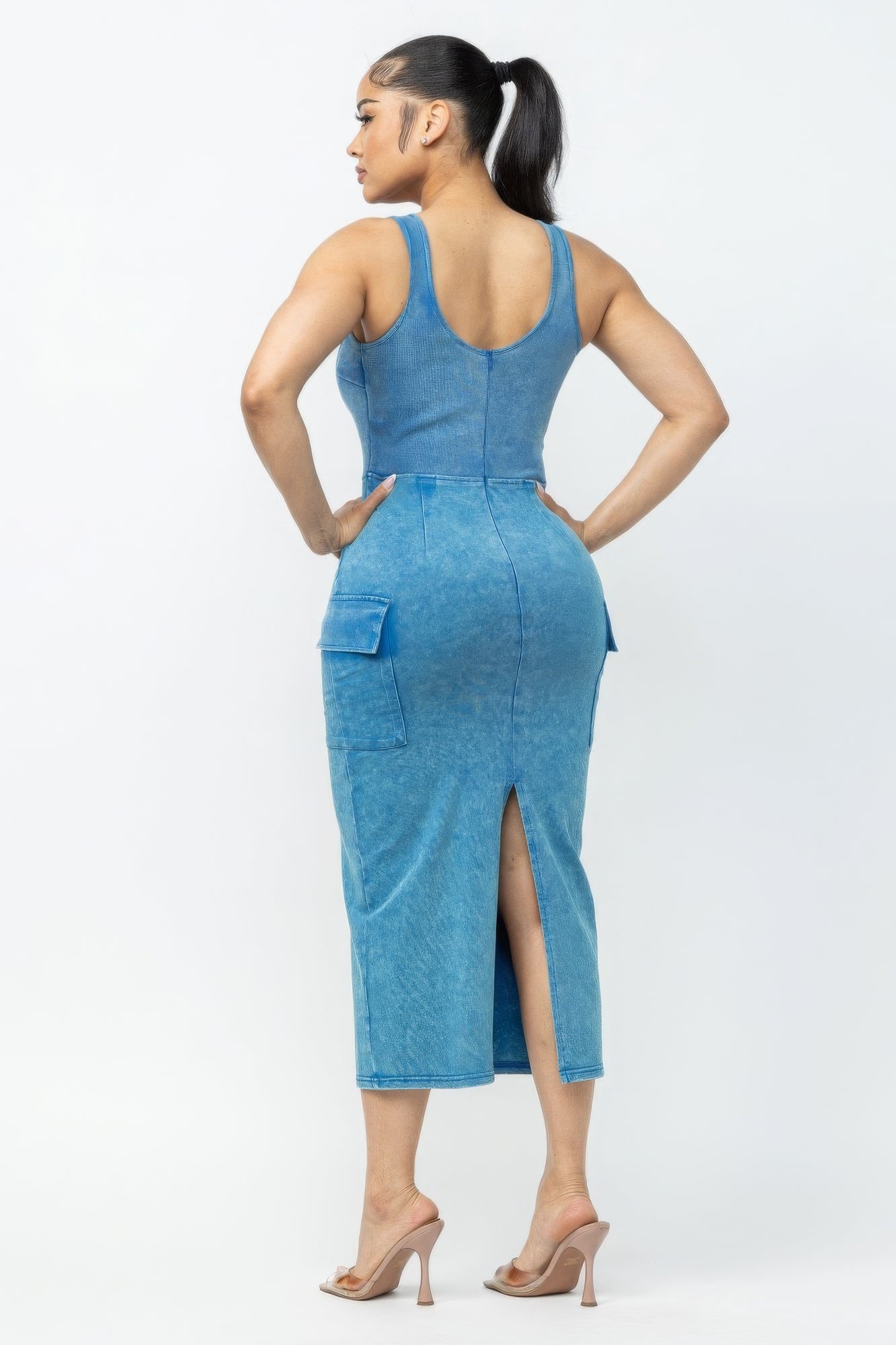 Acid Washed Blue Denim Cargo Midi Dress - Tigbul's Variety Fashion Shop