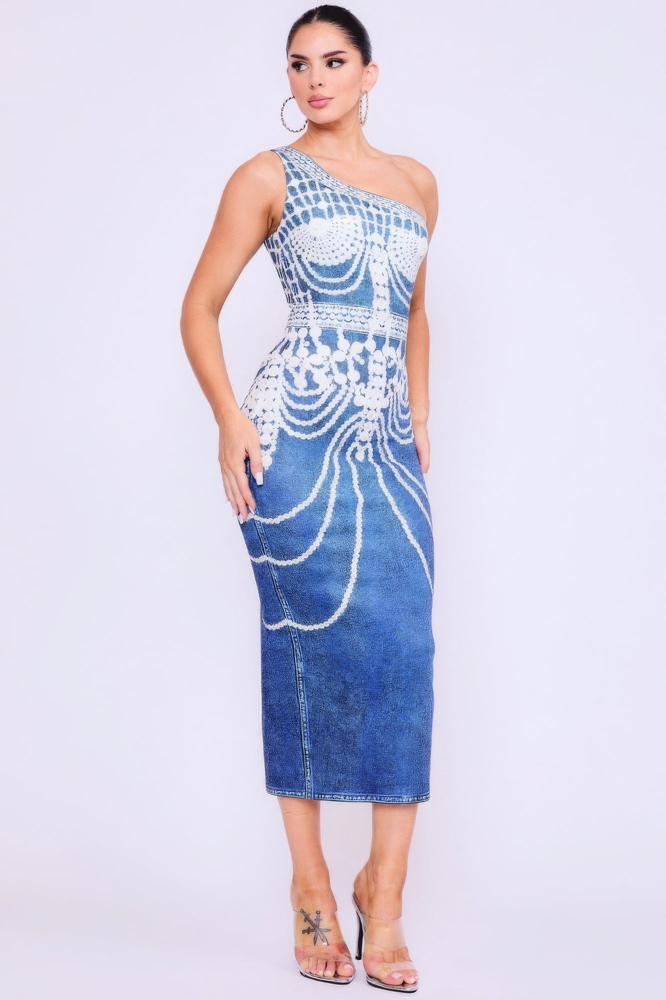 One Shoulder Denim Print Dress - Tigbul's Variety Fashion Shop
