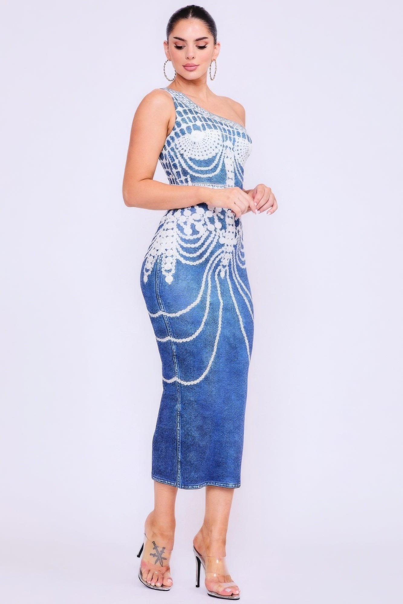 One Shoulder Denim Print Dress - Tigbul's Variety Fashion Shop