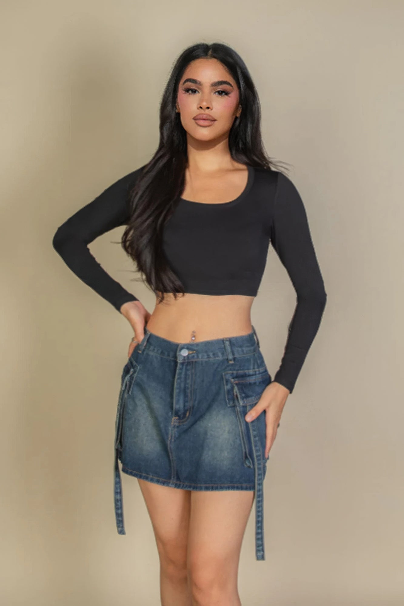 Solid Rib Knit Square Neck Long Sleeve Top - Tigbul's Variety Fashion Shop