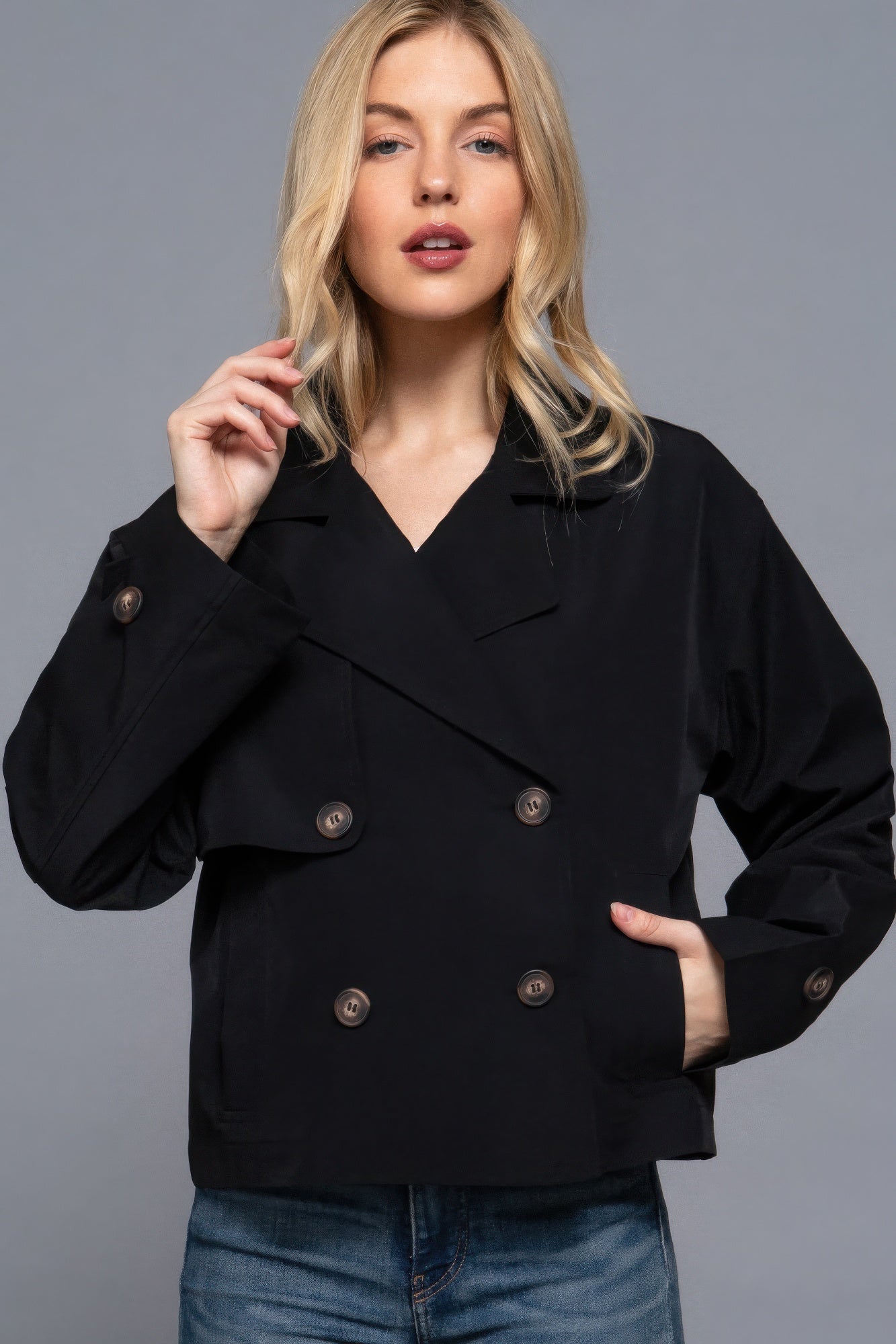 Black Double Breasted Short Trench Jacket - Tigbul's Variety Fashion Shop